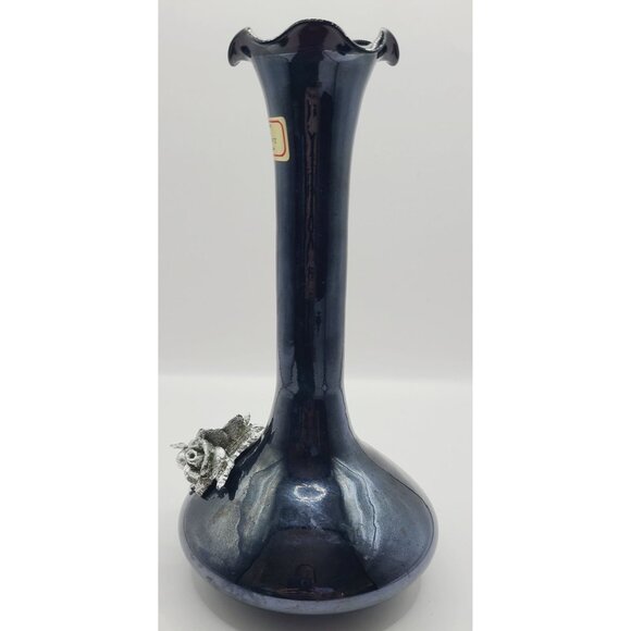 Murano Crystal Glass Vase With Silver Floral Accent 8 Inches Tall Black/Amethyst - Picture 2 of 10